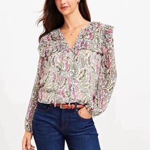LOFT Multicolor Patterned V-Neck Blouse